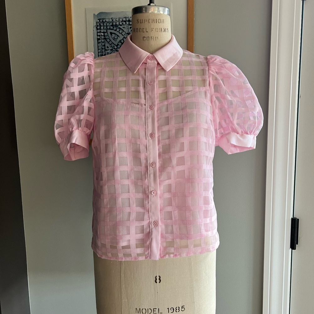 English Factory Pink Sheer Grid Button-Down Blouse - Picture 8 of 16